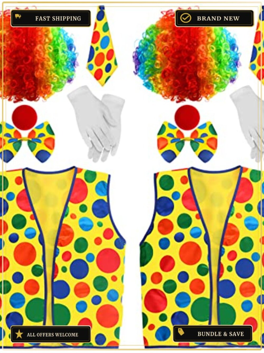 12 Pc Clown Costume Accessory Set Wigs Noses Bows Ties Gloves Vests